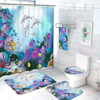 Комплект штор для душа из водонепроницаемой ткани с 3D-печатью Deep Ocean Dolphin, занавески для ванной, крышка унитаза, коврик, нескользящий коврик для дома