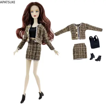 Коричневый комплект модной кукольной одежды в клетку для куклы Барби Наряды 1/6 Аксессуары для кукол для Барби Леди Верхнее пальто юбка Обувь игрушки