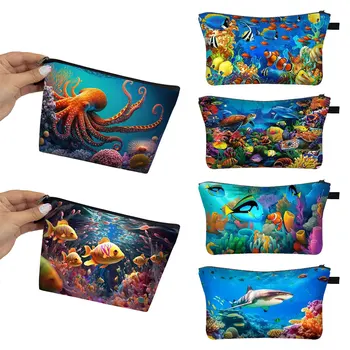 Косметические сумки с изображением акулы/дельфина / черепахи, женская модная дорожная сумка для хранения, дизайнерская сумочка из подводного мира, сумки для макияжа для девочек