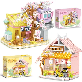 Креативный Вид На Улицу Izakaya Sakura House Модель Строительных Блоков City Cherry Blossom Hut MOC Кирпичи С Фигурными Игрушками Для Детского Подарка