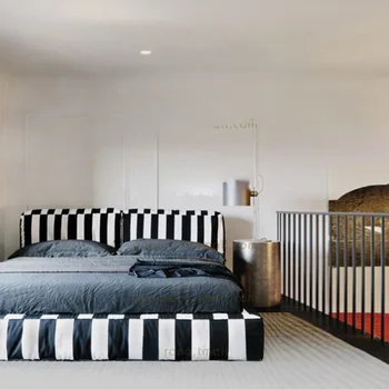 Кровать в современном стиле, Черно-Белое Пианино, Тканевая Кровать, Полосатая кровать, Современный французский вход, Люкс, Простой