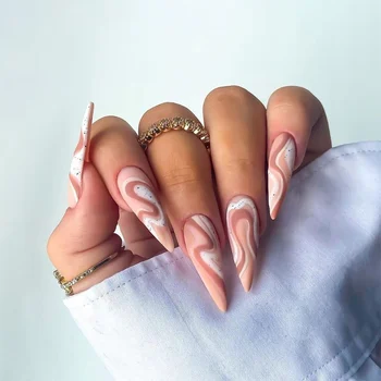 Модный Мраморный маникюр с заостренными концами, набор французских накладных ногтей на длинной шпильке, Матовые Розовые накладные ногти с рисунком