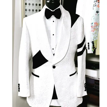Модный мужской костюм из 2 предметов, белый жаккардовый узор с черными лоскутными брюками, блейзер от портного, мужская одежда для свадьбы, выпускного вечера