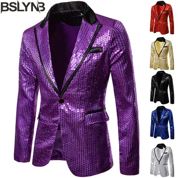 Модный пиджак с пайетками на одной пуговице, мужской блейзер с блестками для ночного клуба, выпускного вечера, DJ, куртка, мужская сценическая одежда для певцов
