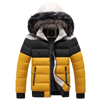 Мужская повседневная хлопчатобумажная куртка Зимняя куртка с капюшоном Мужская утолщенная теплая хлопчатобумажная одежда, Ветрозащитная хлопчатобумажная куртка с цветными вставками