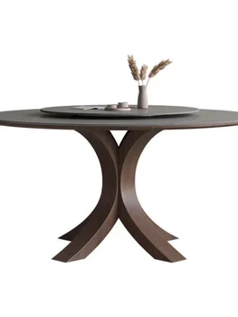 Обеденный стол из матового сланца, круглый стол с поворотным столом на 8 персон, современный простой круглый стол из массива ясеня высокого класса.