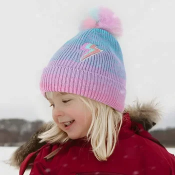 Осенне-зимняя детская вязаная шапка, детские шапки с героями мультфильмов, плюшевый теплый шерстяной пуловер с милым помпоном, зимние шапочки для мальчиков и девочек