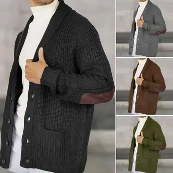 Пальто-кардиган с карманами, толстое теплое вязаное пальто-кардиган с лацканами из искусственной замши в стиле пэчворк для мужчин, с длинным рукавом для зимы средней длины