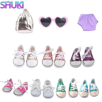 Парусиновая одежда с цветами 7 см, кукольная обувь, солнцезащитные очки, сумка, кроссовки, подходящие для 18-дюймовой американской и 43-сантиметровой новорожденной девочки, игрушки для кукол OG 1/3