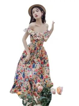 платье сарафан летнее fashion Sweet Flower print cotton dress,Ruffled slash neck vacation long maxi dress 5XL boho dress