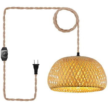 Подключаемый подвесной светильник, Подвесная лампа с выключателем, Джутовый веревочный шнур, Бамбуковый абажур, Плетеные подвесные светильники из ротанга, штепсельная вилка США