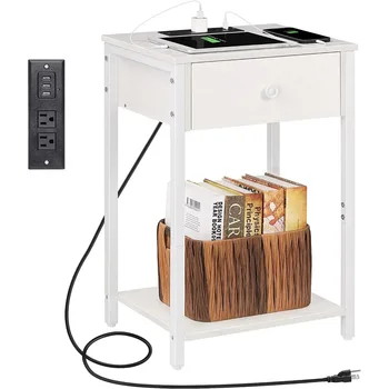 Прикроватный столик с зарядной станцией, USB-портами, выдвижным ящиком и полкой для хранения, белый