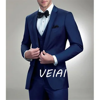 Приталенный мужской костюм Smolking Terno темно-синего цвета, смокинг жениха для свадьбы, выпускного вечера, мужской модный пиджак из 3 предметов, жилет с брюками