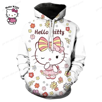 Пуловер с длинным рукавом, уличная толстовка, толстовка с капюшоном, женская толстовка с рисунком Hello Kitty, женская свободная повседневная уличная толстовка для мальчиков и девочек