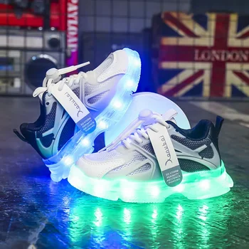 Размер 25-36, Детская Повседневная обувь, USB Зарядное устройство, Светящаяся светодиодная обувь, Дышащие Сетчатые Кроссовки для детей, Спортивная обувь для мальчиков и девочек