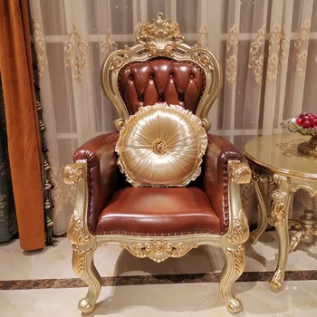 Роскошный кофейный диван-кресло из массива дерева в американском французском королевском стиле и кожи