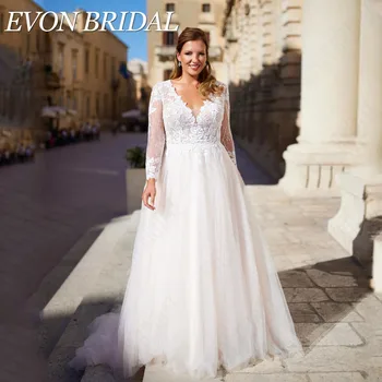 Свадебное платье EVON BRIDAL Civil с длинными рукавами, плюс размер, V-образный вырез, аппликация, свадебное платье из тюля трапециевидной формы, Vestidos De Novia, сшитое на заказ