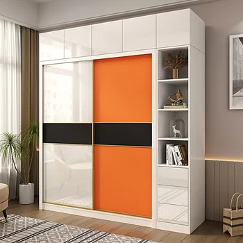 Светлый Роскошный лакированный шкаф-купе с раздвижной дверью, Домашняя спальня, Оранжевая Контрастная яркая раздвижная дверь, Небольшой шкаф для хранения вещей, Большой шкаф для одежды