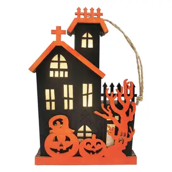 Светодиодные фонари на Хэллоуин, подвесной дом с привидениями, работающий на батарейках, деревянный фонарь-тыква на Хэллоуин для вечеринки на открытом воздухе