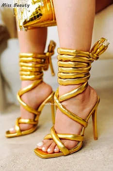 Сексуальная золотая гладиаторская шнуровка, модный квадратный носок, ремешок на щиколотке, босоножки на тонком высоком каблуке, женские модельные туфли