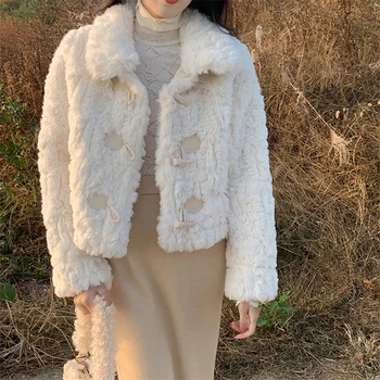 Элегантная зимняя плюшевая куртка Женская теплая Kawaii Корейская мода Офисное Женское пальто Универсальный Винтажный кардиган для девочек Harajuku 2023