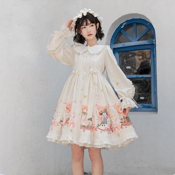 Японские платья Sweet Lolita OP, женские платья с мультяшным принтом и бантом Kawaii, Элегантная принцесса С длинным рукавом, Мягкие мини-платья для чаепития для девочек